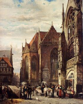 Cornelis Springer : Many Figures On The Market Square In Front Of The Martinikirche Braunschweig